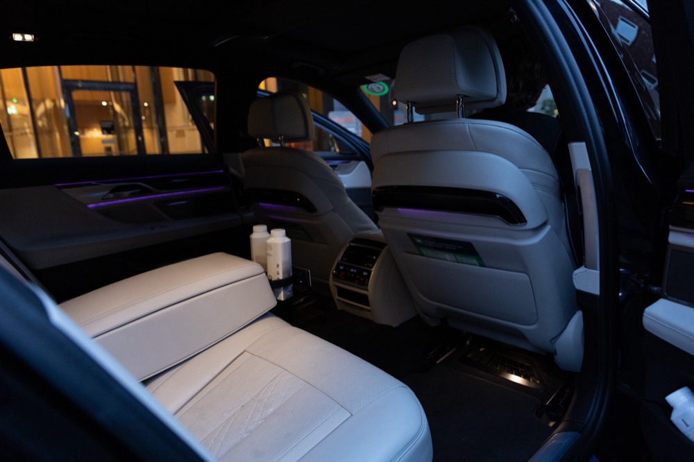 Rear cabin of the BMW 7 Series ready for a hotel arrival