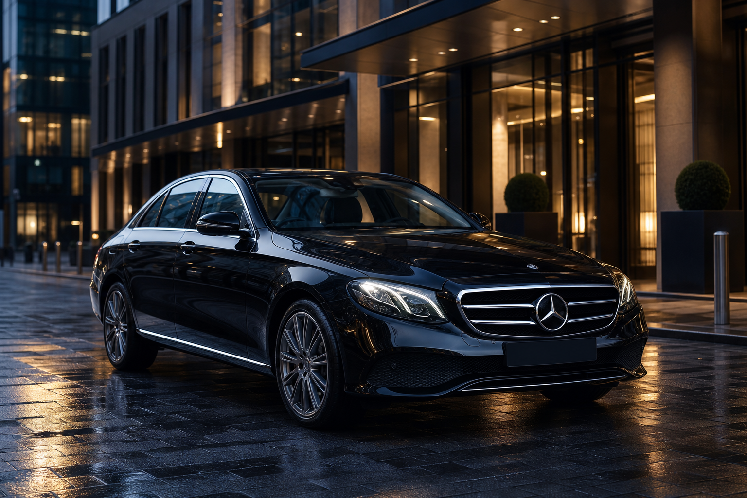 Black Mercedes E-Class executive sedan outside a Dublin hotel at dusk
