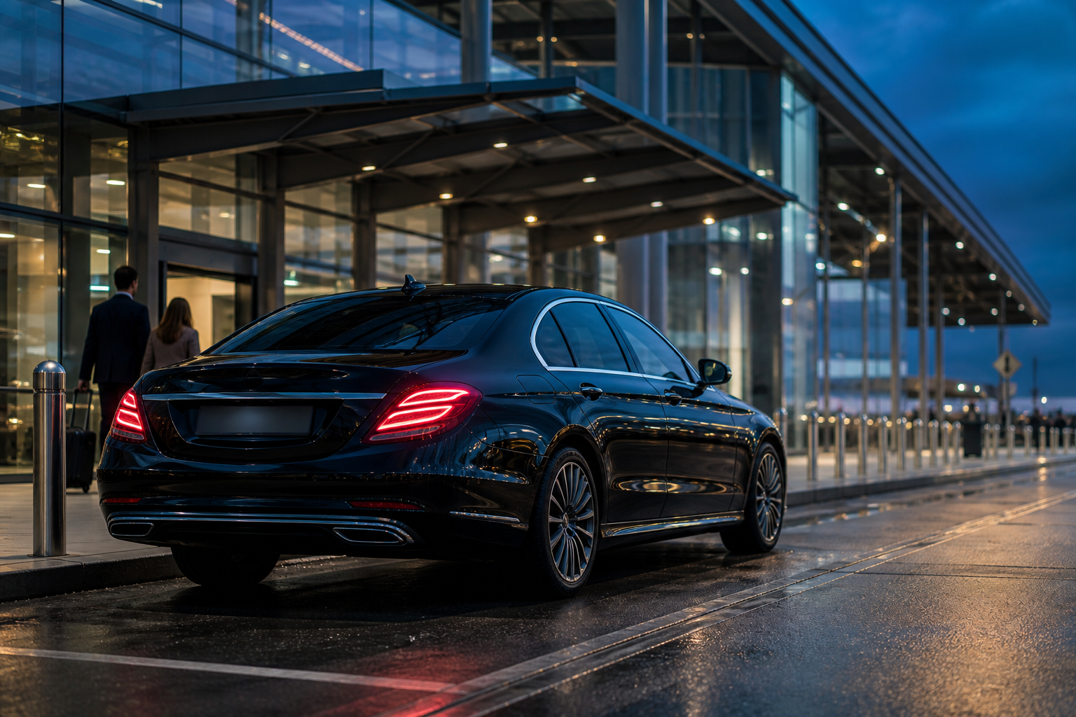 Black executive chauffeur saloon at Dublin Airport arrivals during blue hour