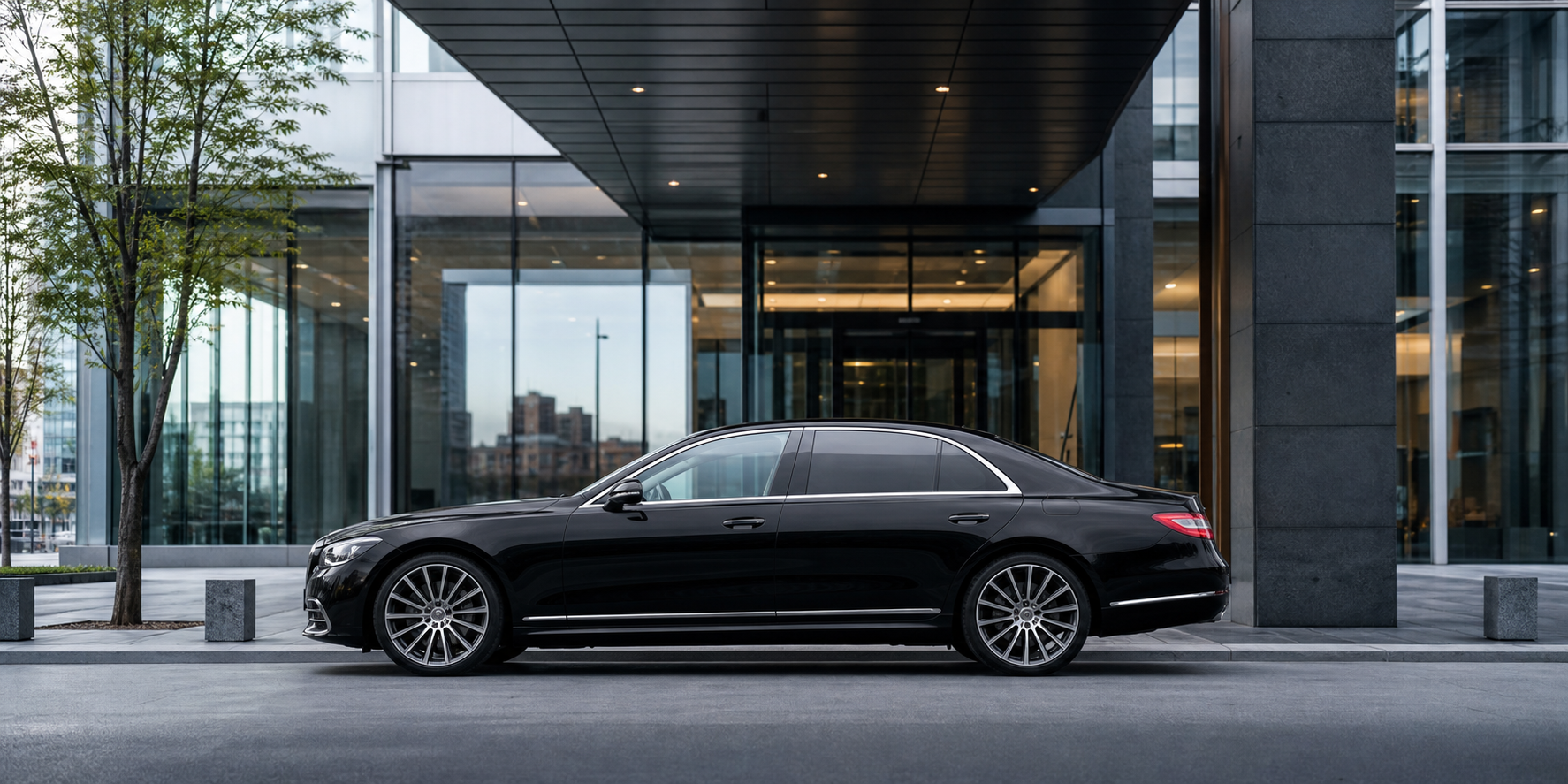 Black executive chauffeur saloon in profile outside a modern Dublin office building