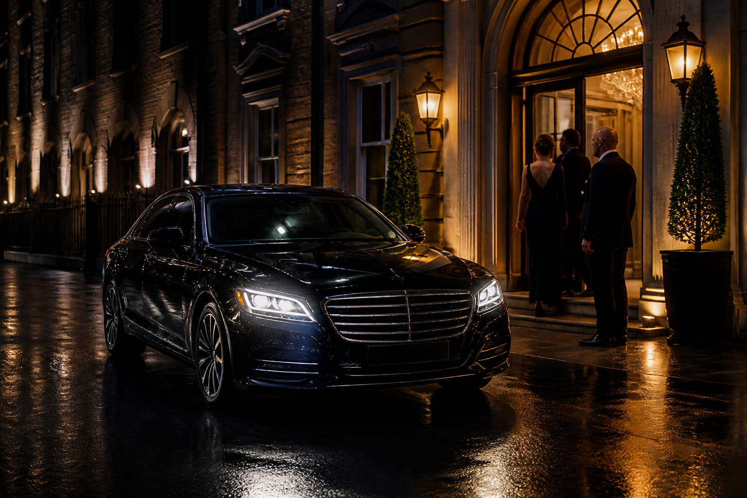 Black executive chauffeur saloon arriving at an elegant Dublin venue at night