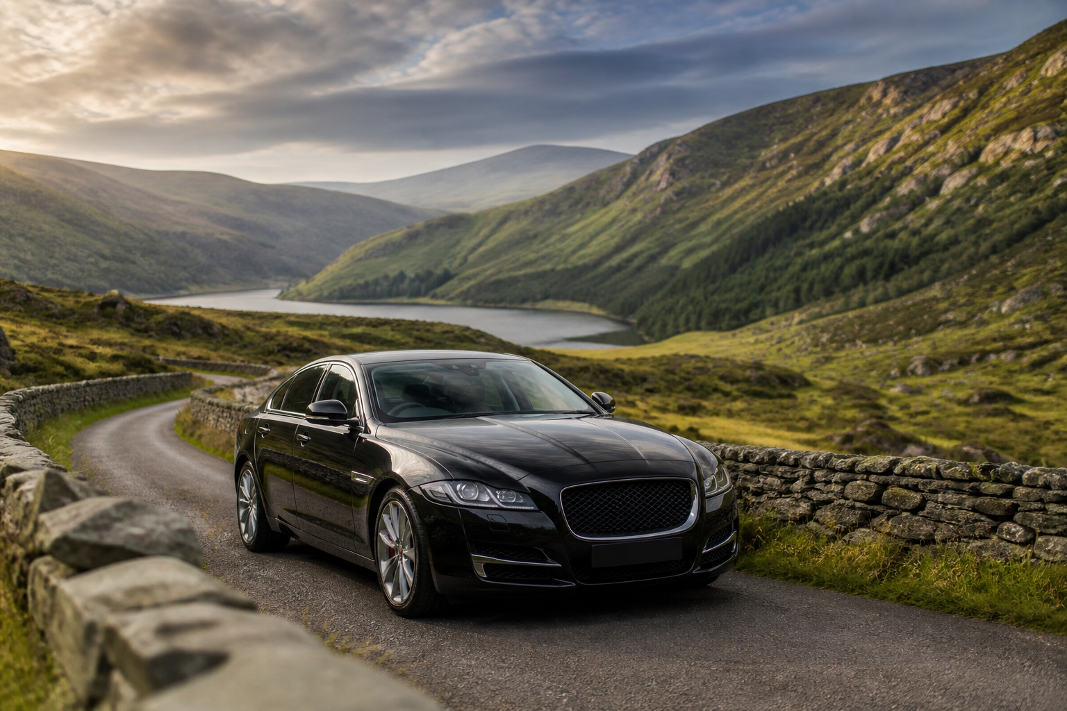 Black executive chauffeur saloon on a scenic Irish touring road with Wicklow-style mountains behind